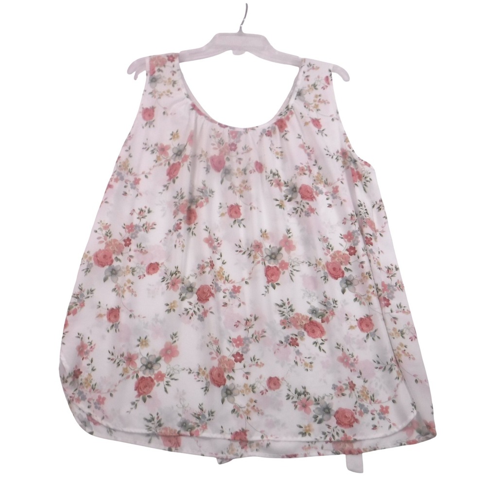 Sweet Rain Floral Sleeveless Lace Back Tie Top White Pink Plus Sz 2X TP96677-ND